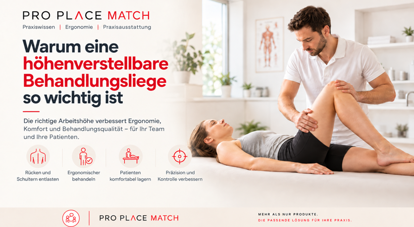 Höhenverstellbare Behandlungsliege für ergonomisches Arbeiten in der Physiotherapie – Pro Place